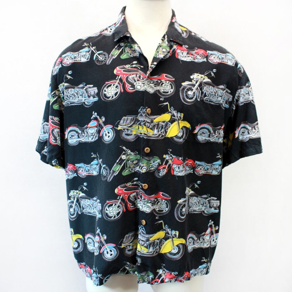 Paradise Found Vintage Bikes Print Hawaiian camp button up rayon shirt 2XL